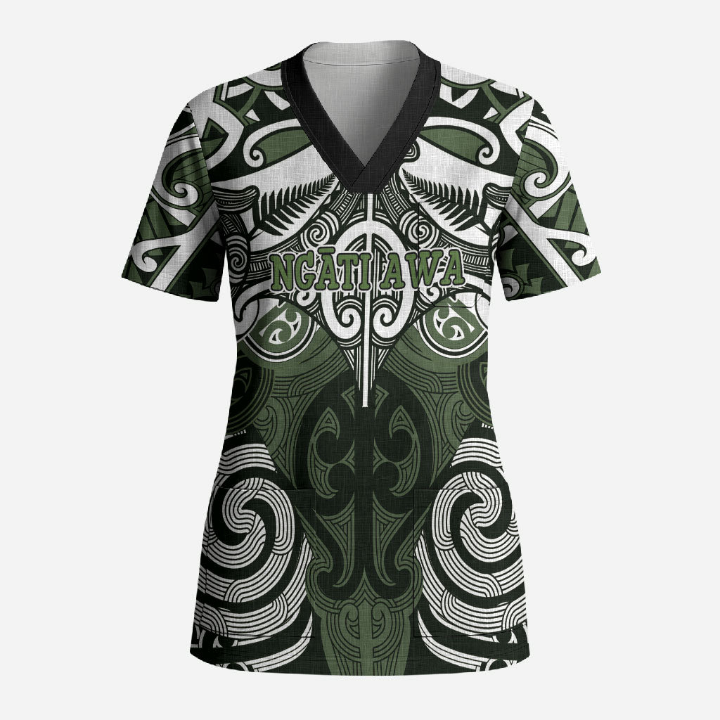 Personalised Maori Ngati Awa Scrub Top Silver Fern Kowhaiwhai Art