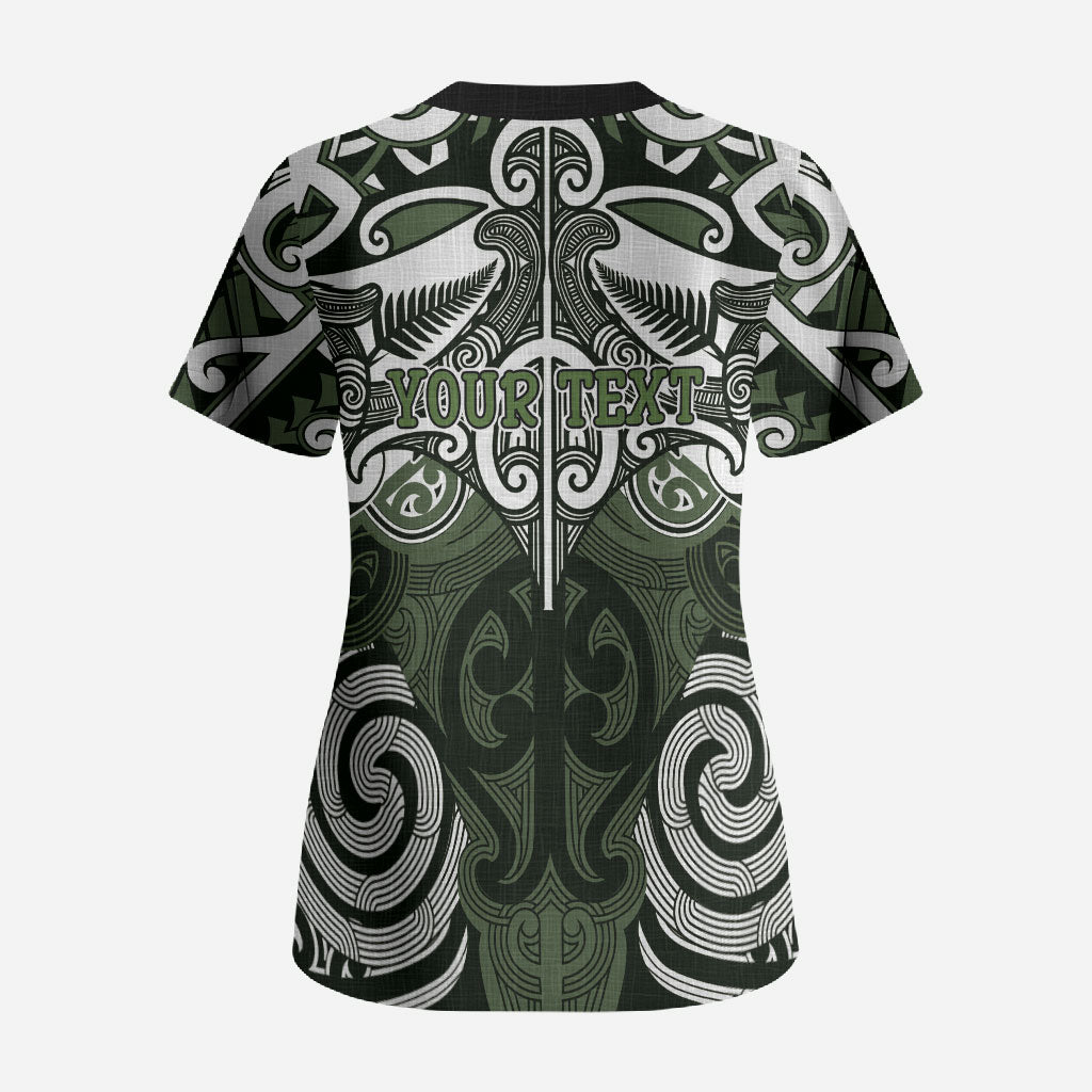 Personalised Maori Ngati Awa Scrub Top Silver Fern Kowhaiwhai Art