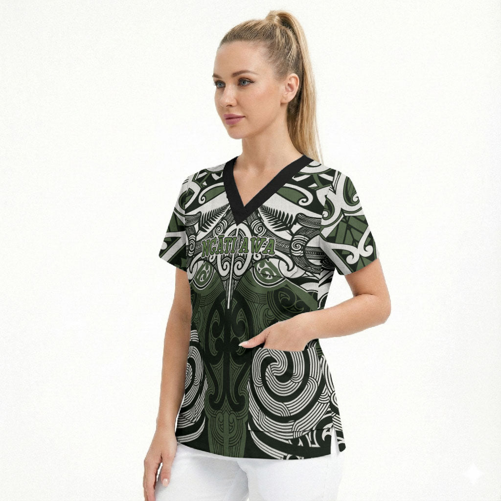 Personalised Maori Ngati Awa Scrub Top Silver Fern Kowhaiwhai Art