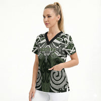 Personalised Maori Ngati Awa Scrub Top Silver Fern Kowhaiwhai Art