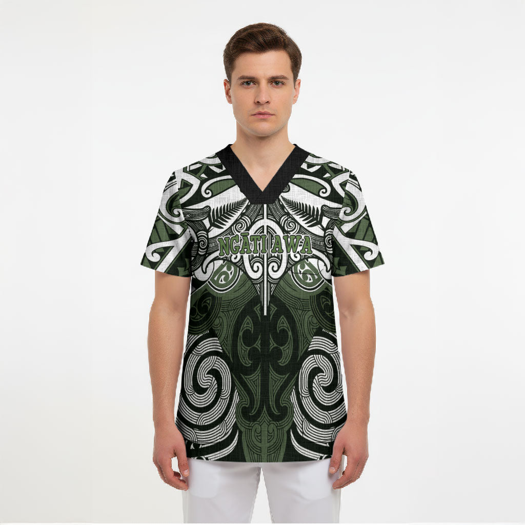 Personalised Maori Ngati Awa Scrub Top Silver Fern Kowhaiwhai Art