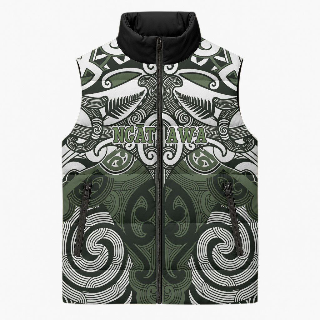 Personalised Maori Ngati Awa Sleeveless Puffer Jacket Silver Fern Kowhaiwhai Art