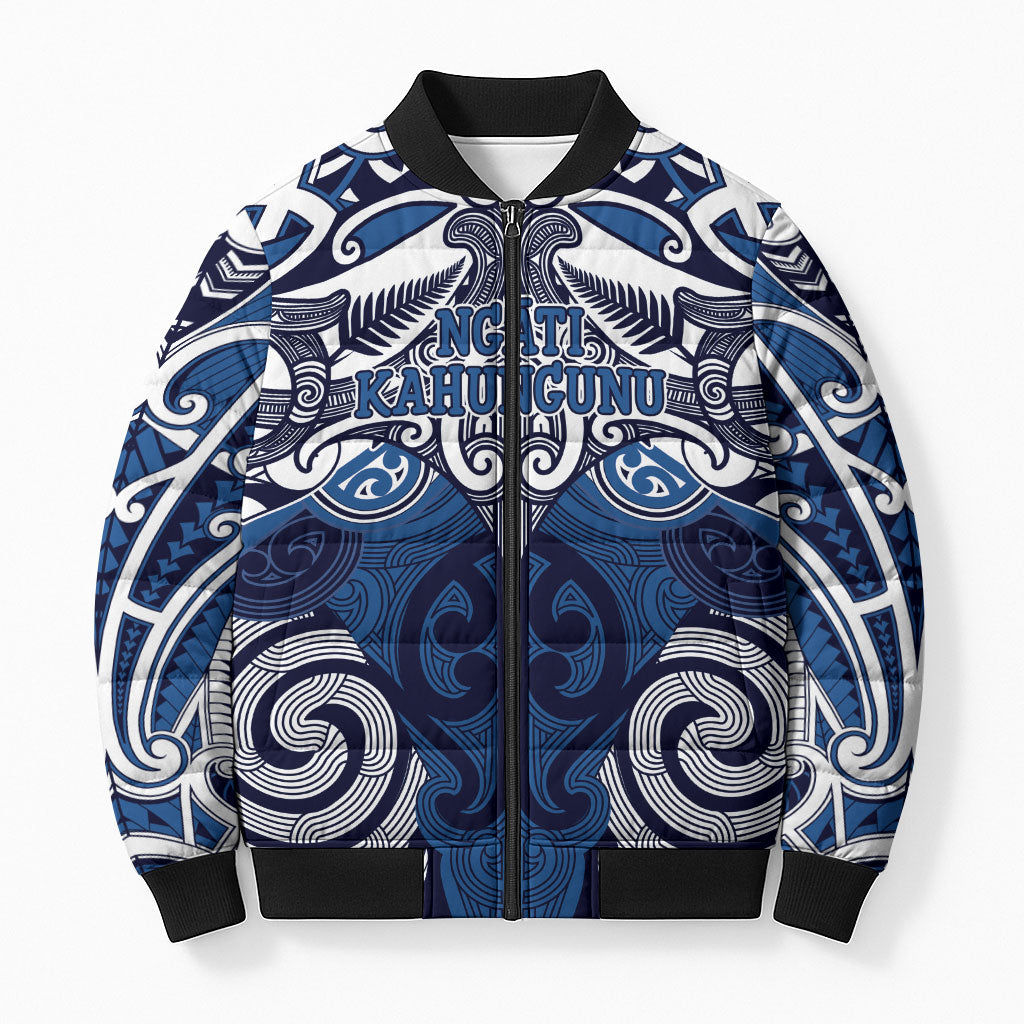 Personalised Maori Ngati Kahungunu Bomber Puffer Jacket Silver Fern Kowhaiwhai Art