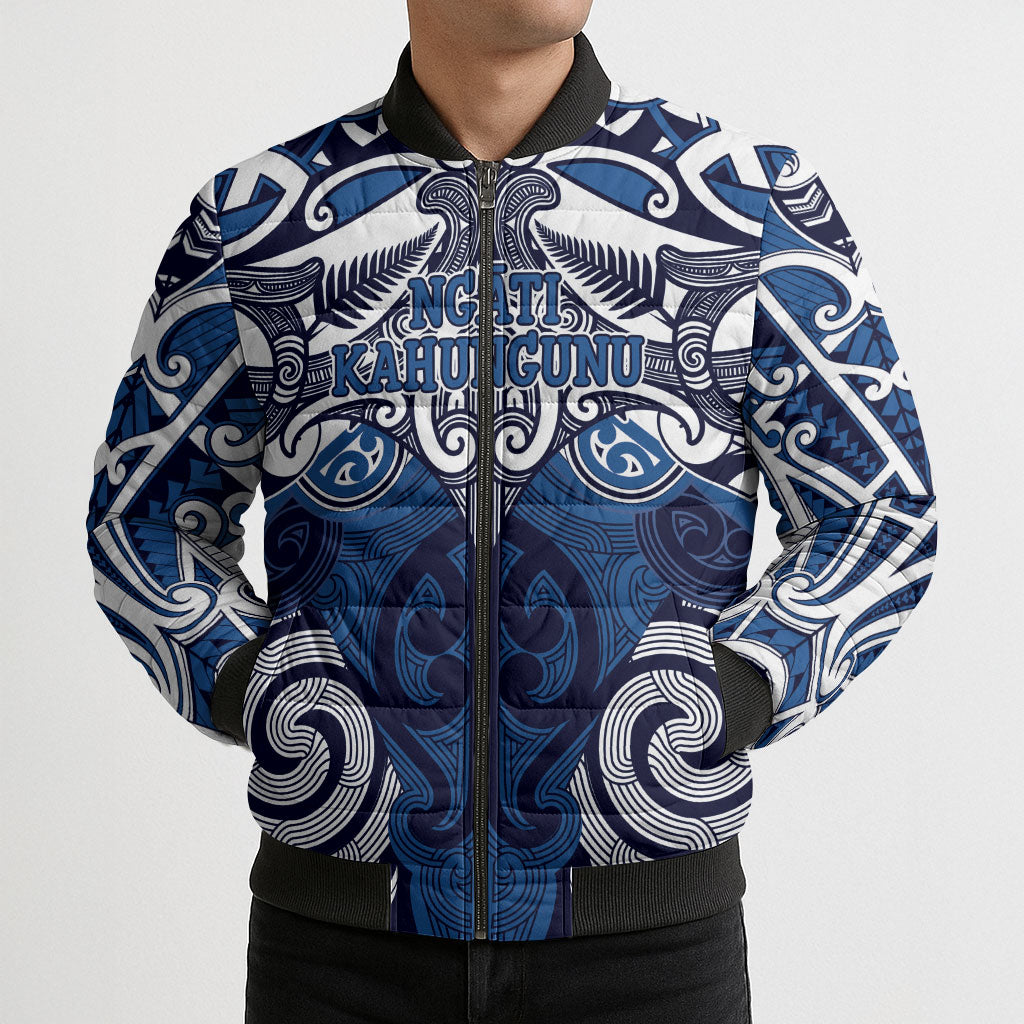 Personalised Maori Ngati Kahungunu Bomber Puffer Jacket Silver Fern Kowhaiwhai Art