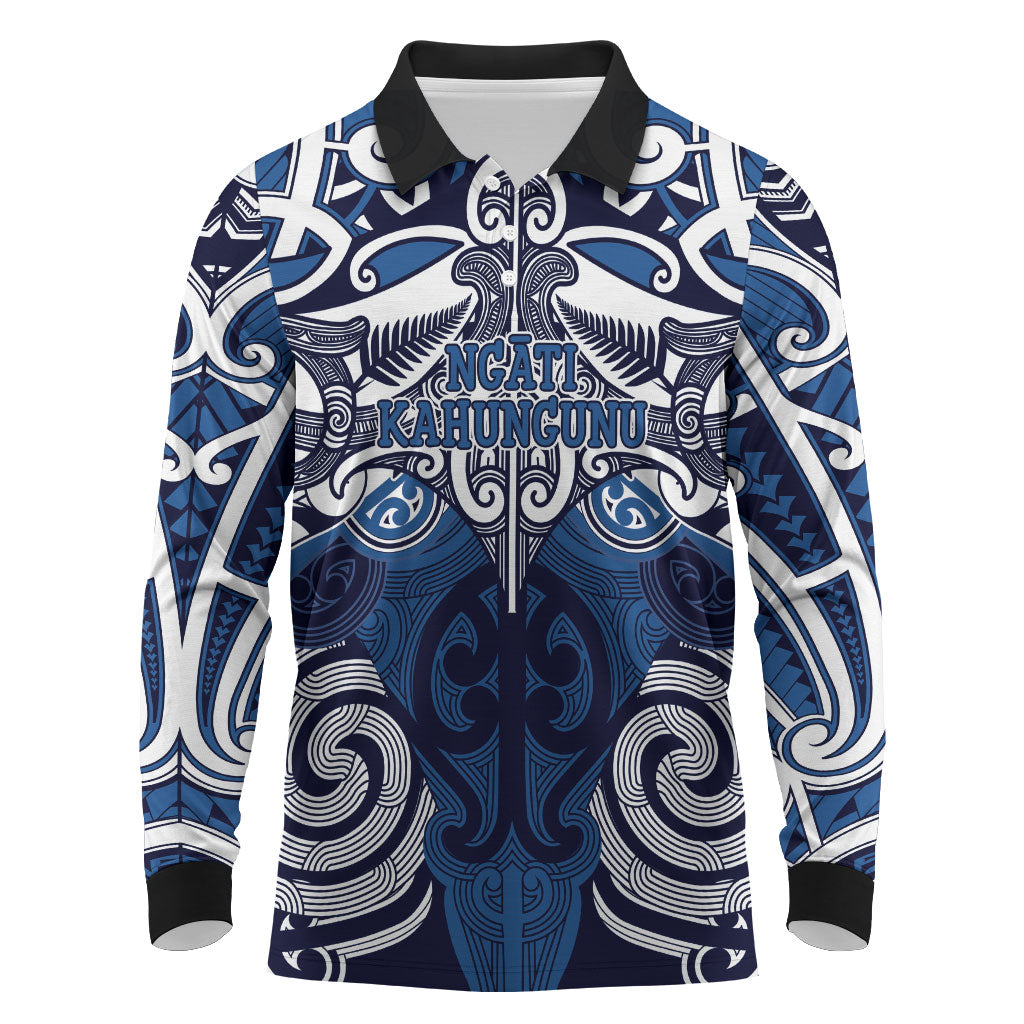 Personalised Maori Ngati Kahungunu Long Sleeve Polo Shirt Silver Fern Kowhaiwhai Art