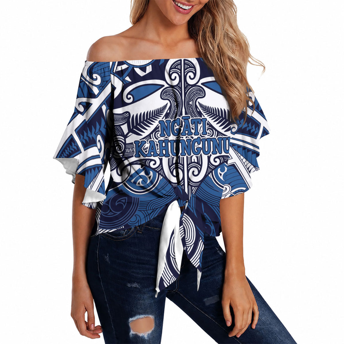 Personalised Maori Ngati Kahungunu Off Shoulder Wrap Waist Top Silver Fern Kowhaiwhai Art