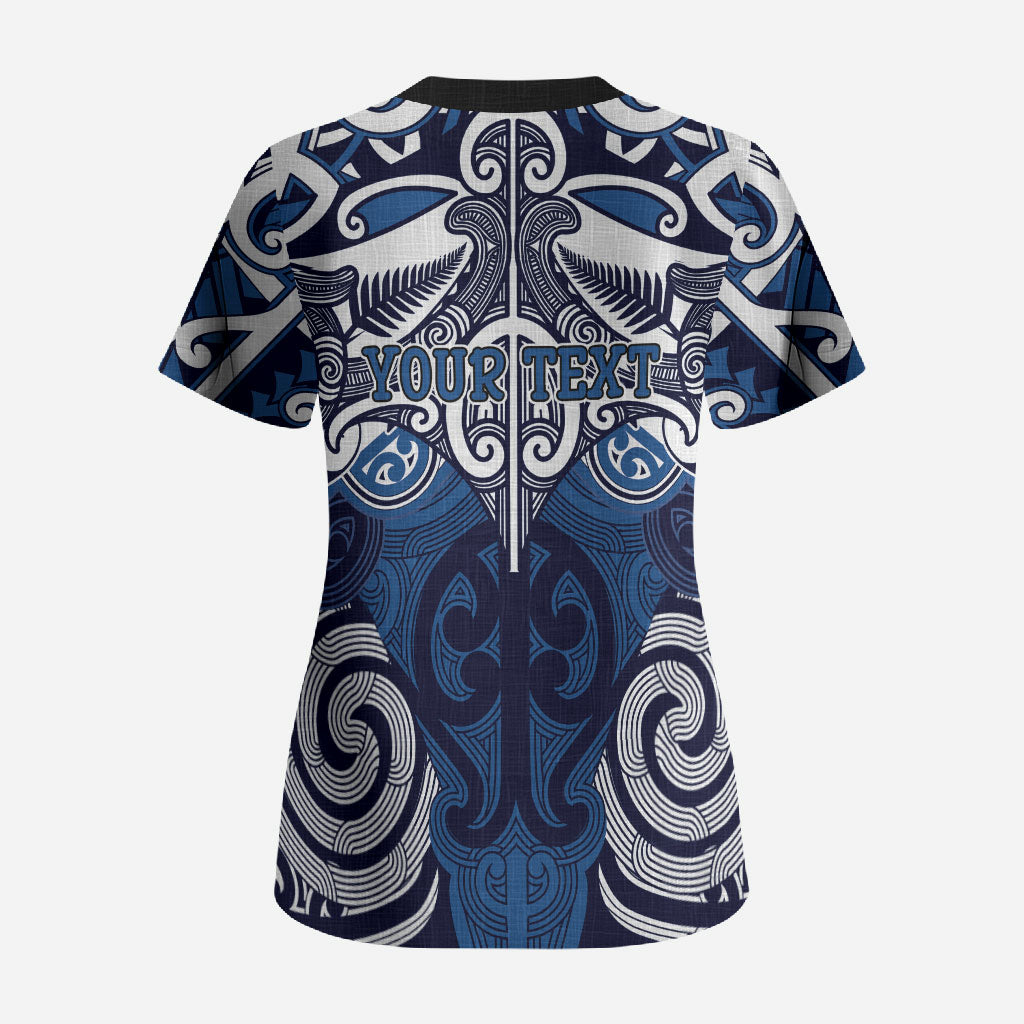 Personalised Maori Ngati Kahungunu Scrub Top Silver Fern Kowhaiwhai Art