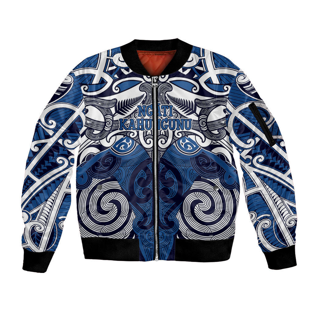 Personalised Maori Ngati Kahungunu Sleeve Zip Bomber Jacket Silver Fern Kowhaiwhai Art