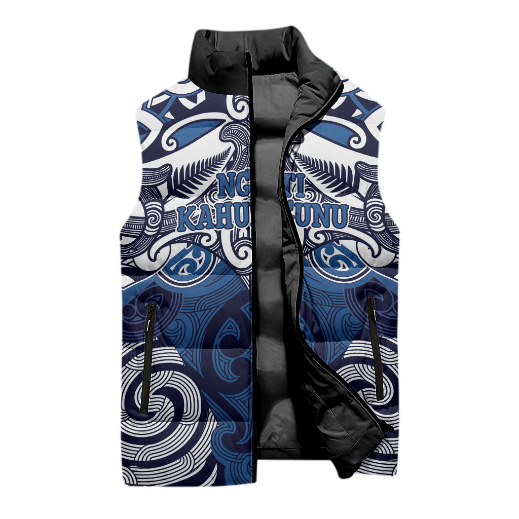 Personalised Maori Ngati Kahungunu Sleeveless Puffer Jacket Silver Fern Kowhaiwhai Art