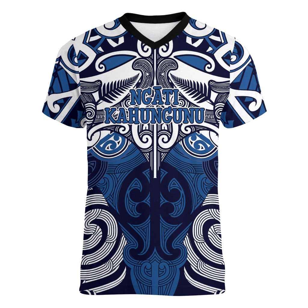 Personalised Maori Ngati Kahungunu Women V-Neck T-Shirt Silver Fern Kowhaiwhai Art