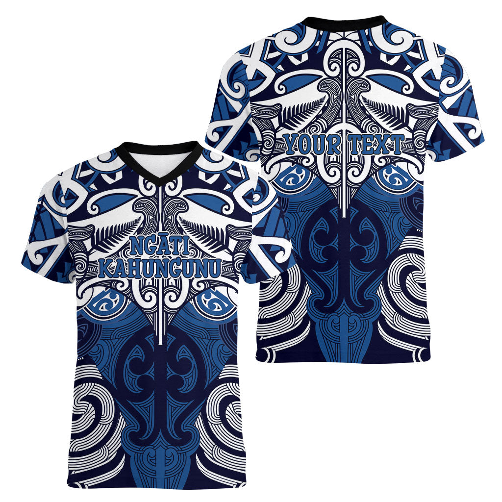 Personalised Maori Ngati Kahungunu Women V-Neck T-Shirt Silver Fern Kowhaiwhai Art