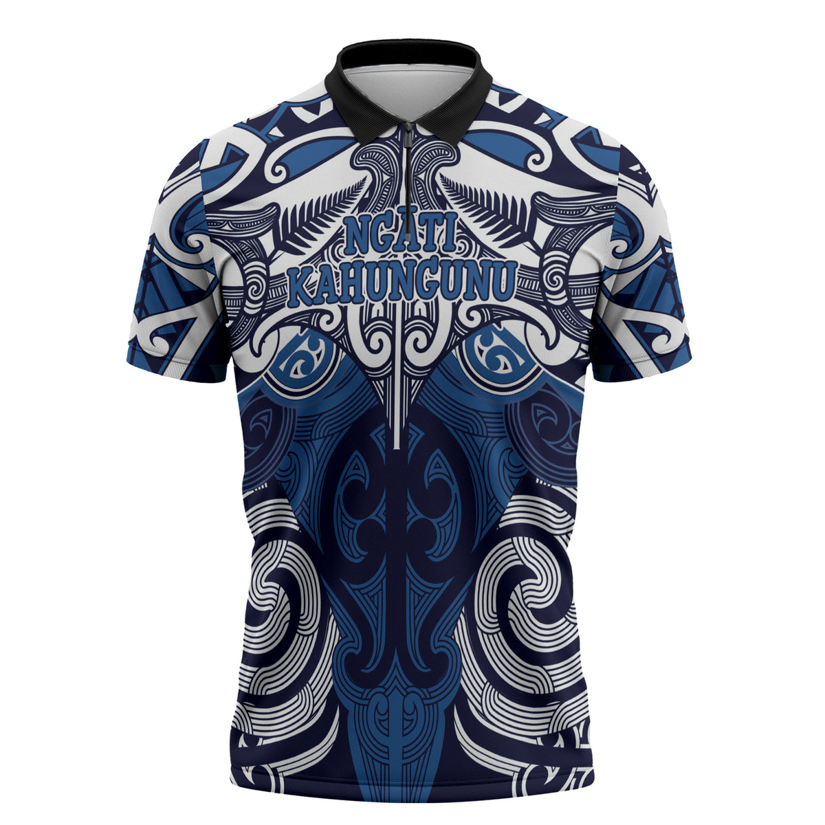 Personalised Maori Ngati Kahungunu Zipper Polo Shirt Silver Fern Kowhaiwhai Art