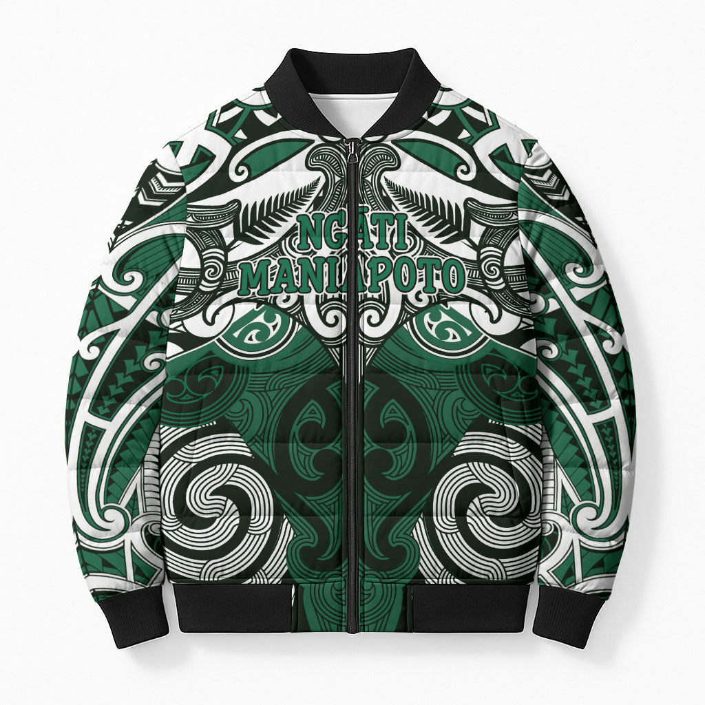 Personalised Maori Ngati Maniapoto Bomber Puffer Jacket Silver Fern Kowhaiwhai Art
