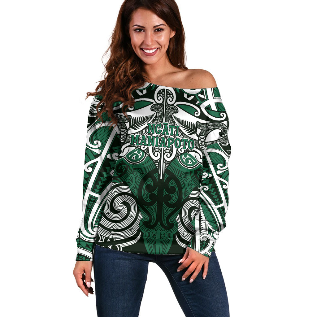 Personalised Maori Ngati Maniapoto Off Shoulder Sweater Silver Fern Kowhaiwhai Art
