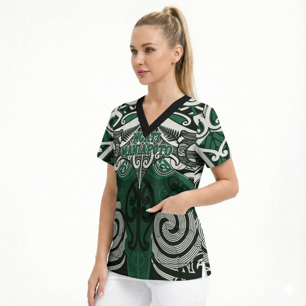 Personalised Maori Ngati Maniapoto Scrub Top Silver Fern Kowhaiwhai Art
