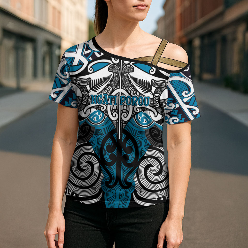 Personalised Maori Ngati Porou Cross Shoulder Shirt Silver Fern Kowhaiwhai Art