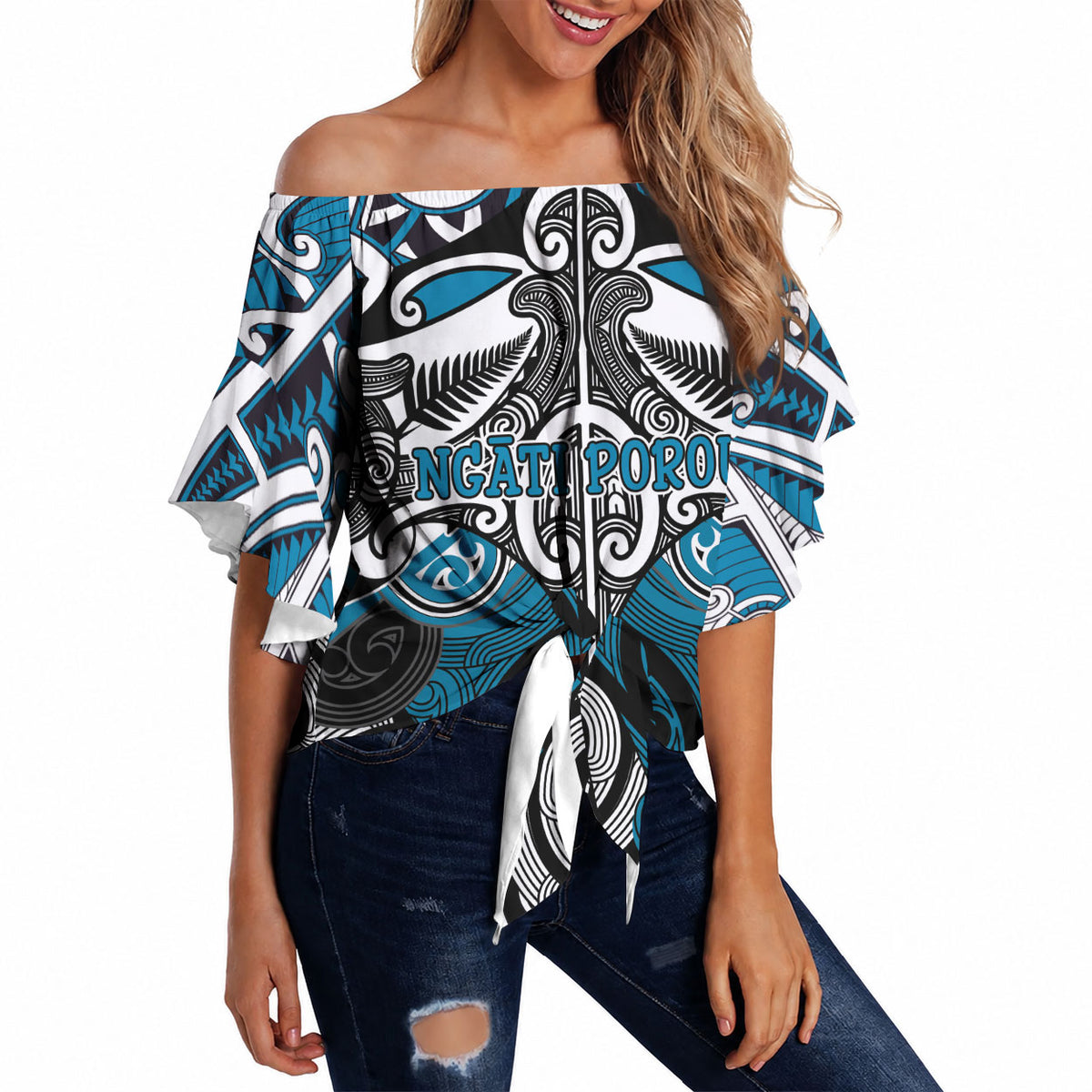 Personalised Maori Ngati Porou Off Shoulder Wrap Waist Top Silver Fern Kowhaiwhai Art