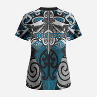 Personalised Maori Ngati Porou Scrub Top Silver Fern Kowhaiwhai Art