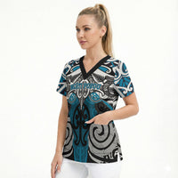 Personalised Maori Ngati Porou Scrub Top Silver Fern Kowhaiwhai Art