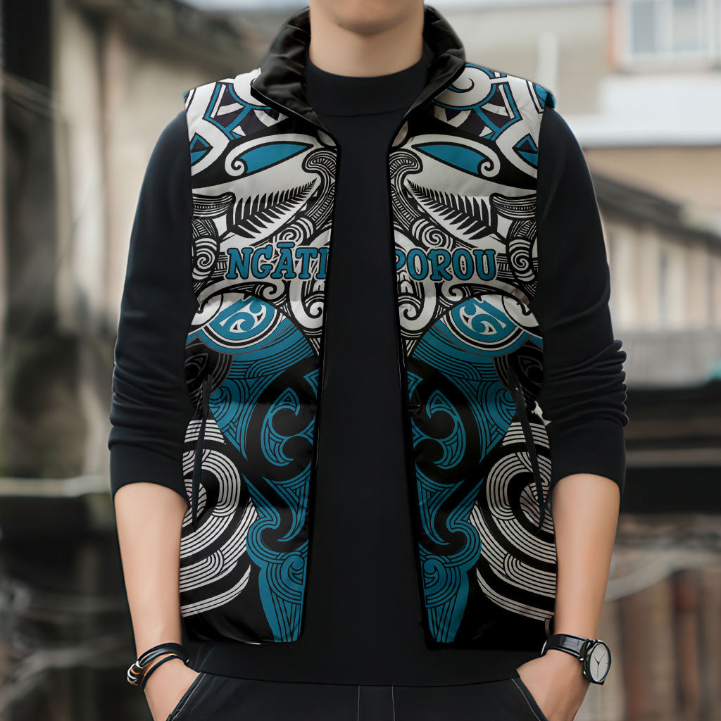 Personalised Maori Ngati Porou Sleeveless Puffer Jacket Silver Fern Kowhaiwhai Art