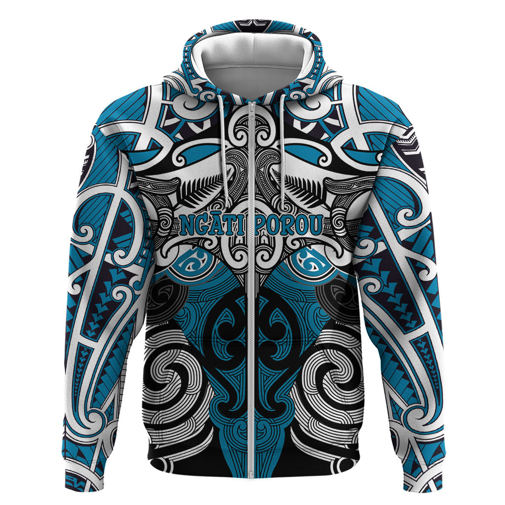 Personalised Maori Ngati Porou Zip Hoodie Silver Fern Kowhaiwhai Art