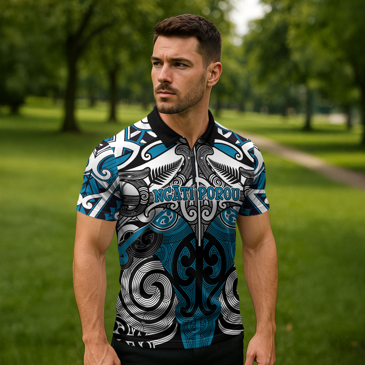 Personalised Maori Ngati Porou Zipper Polo Shirt Silver Fern Kowhaiwhai Art