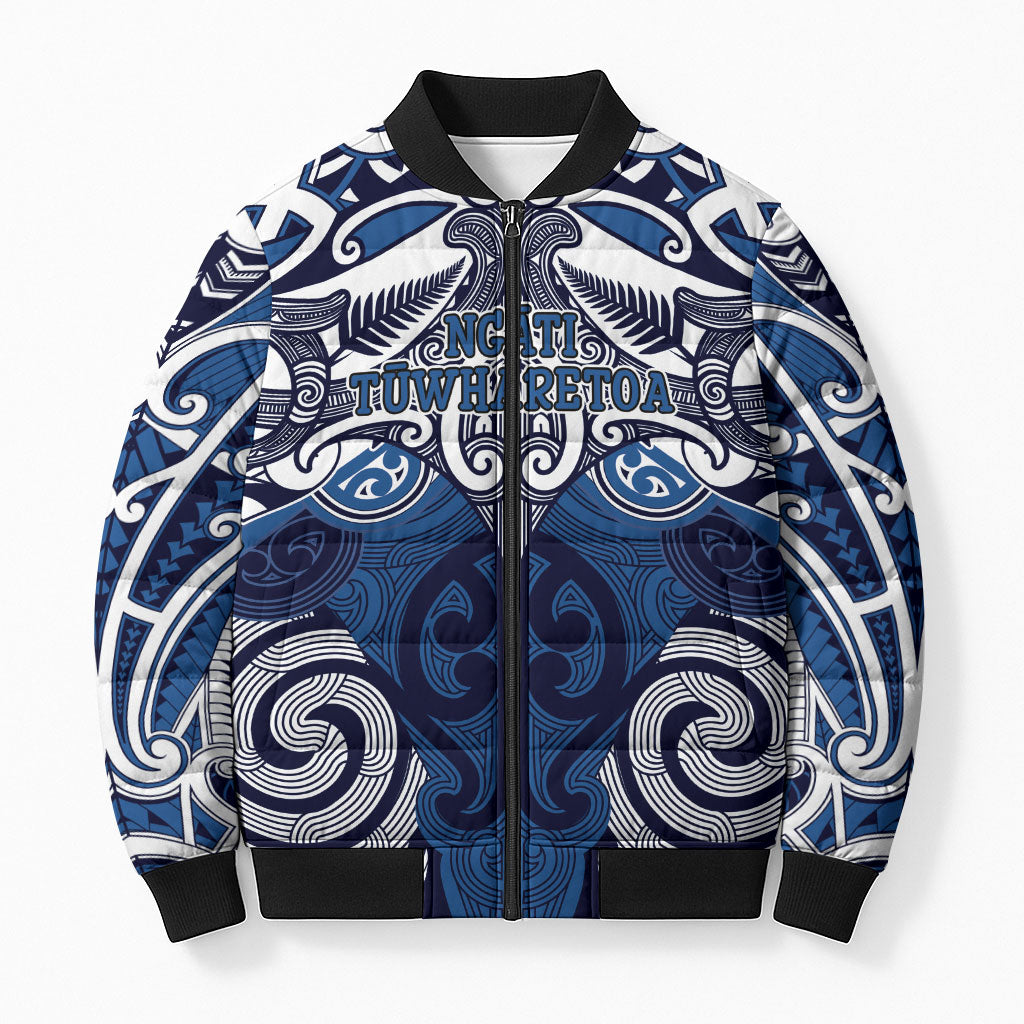 Personalised Maori Ngati Tuwharetoa Bomber Puffer Jacket Silver Fern Kowhaiwhai Art