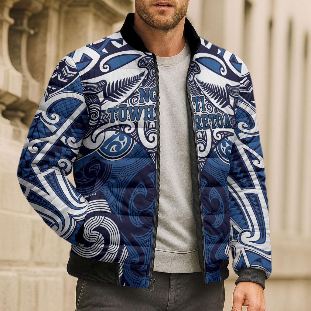 Personalised Maori Ngati Tuwharetoa Bomber Puffer Jacket Silver Fern Kowhaiwhai Art