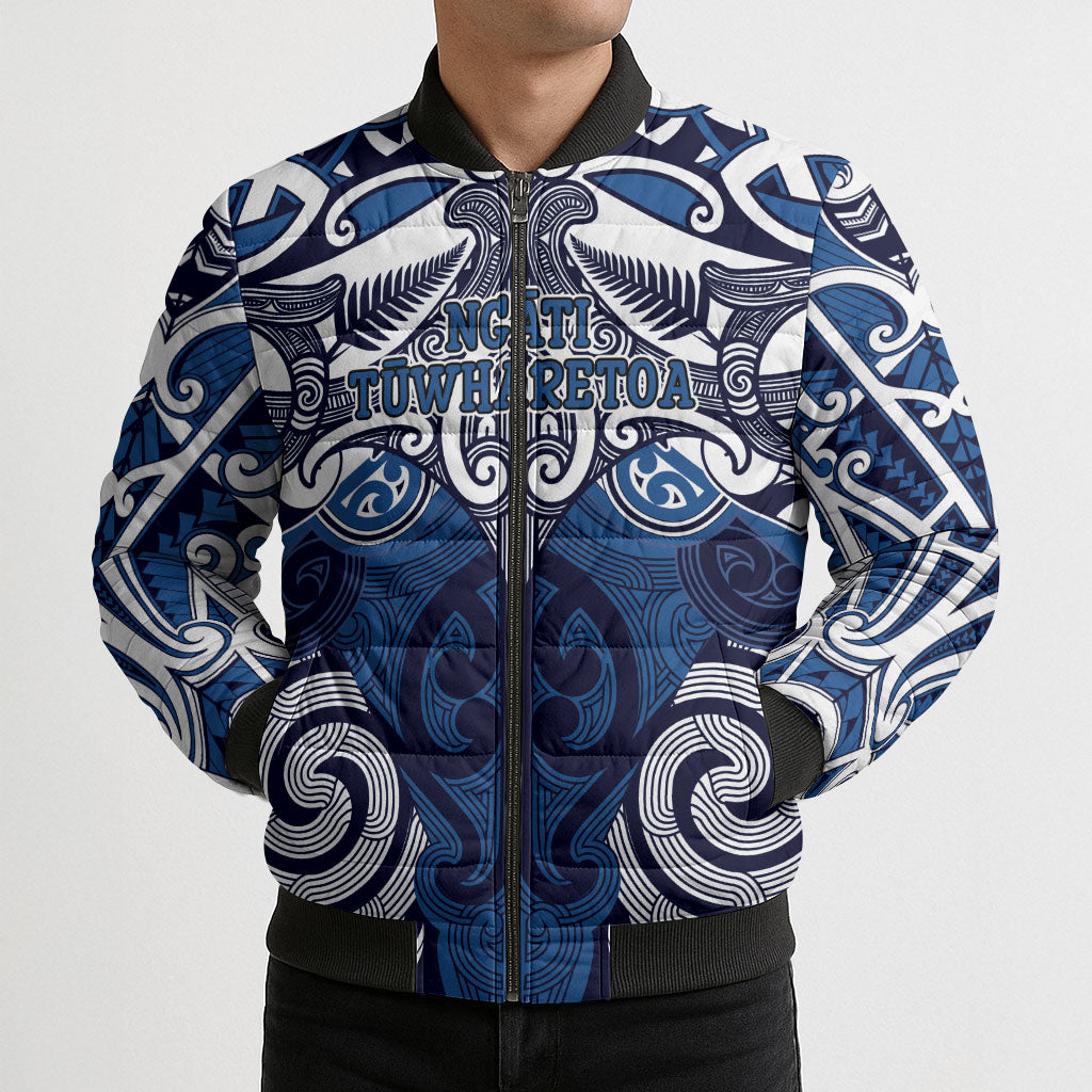 Personalised Maori Ngati Tuwharetoa Bomber Puffer Jacket Silver Fern Kowhaiwhai Art