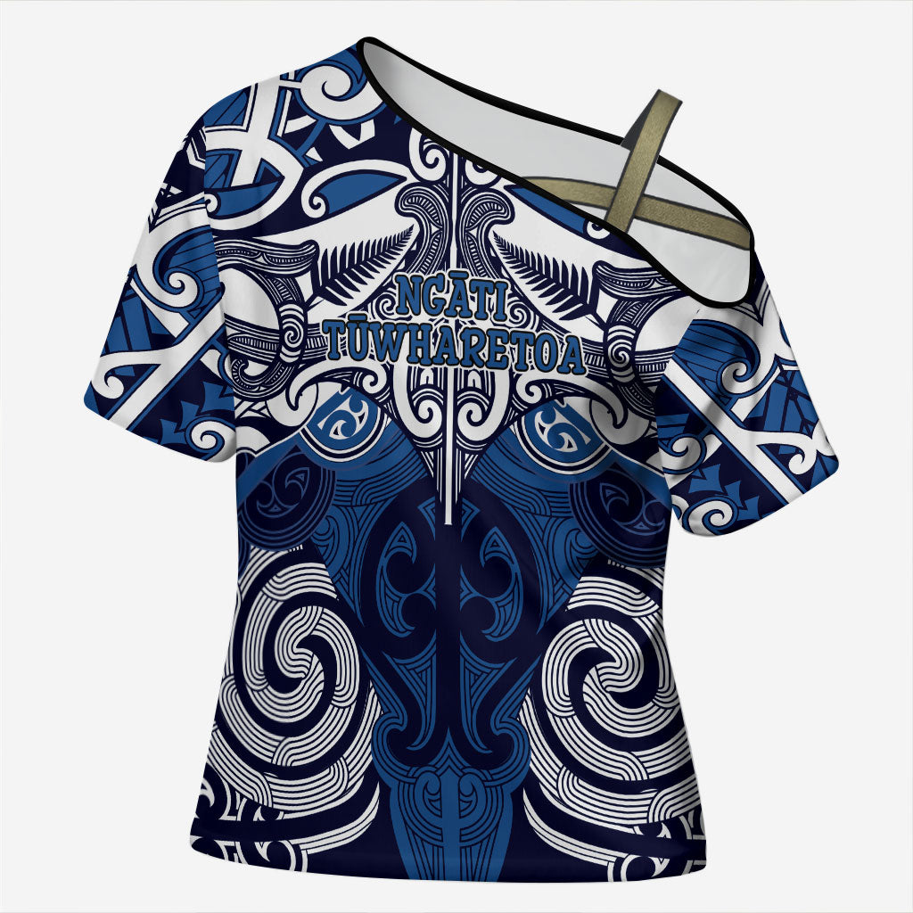 Personalised Maori Ngati Tuwharetoa Cross Shoulder Shirt Silver Fern Kowhaiwhai Art