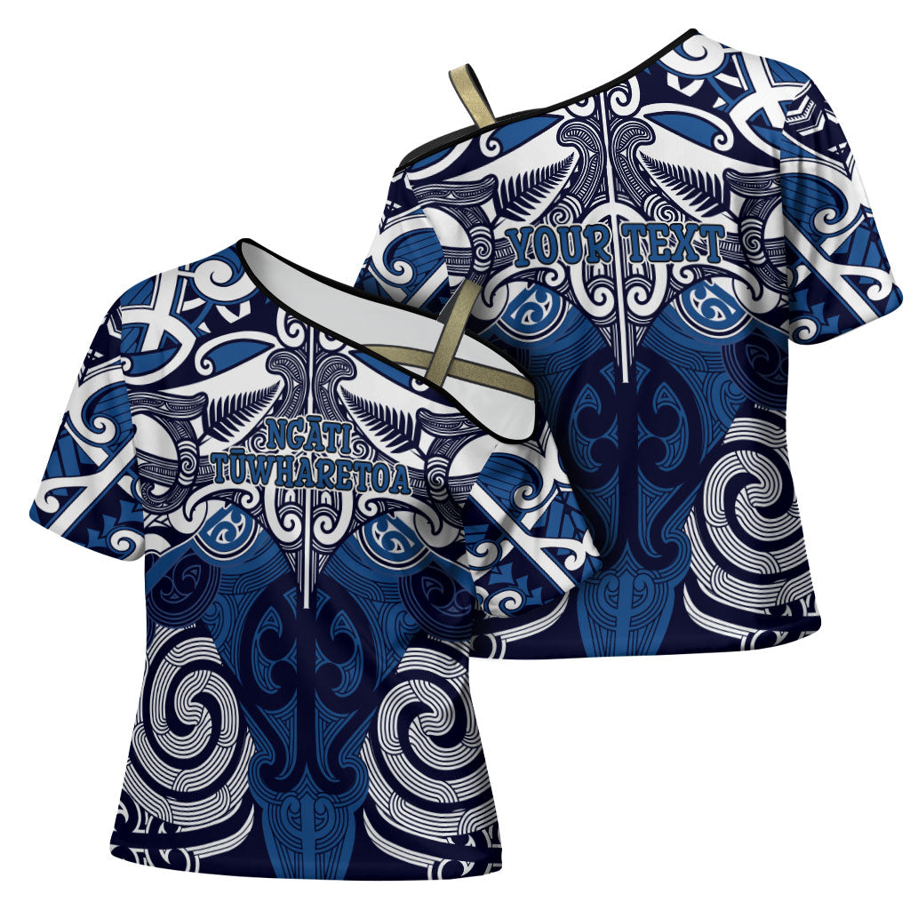 Personalised Maori Ngati Tuwharetoa Cross Shoulder Shirt Silver Fern Kowhaiwhai Art