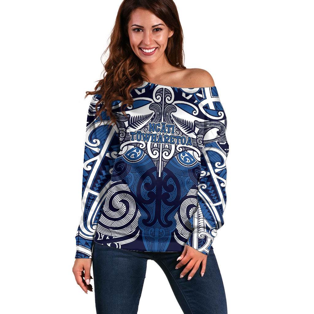 Personalised Maori Ngati Tuwharetoa Off Shoulder Sweater Silver Fern Kowhaiwhai Art