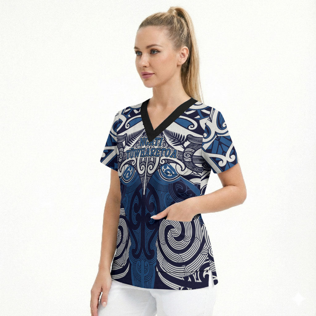 Personalised Maori Ngati Tuwharetoa Scrub Top Silver Fern Kowhaiwhai Art