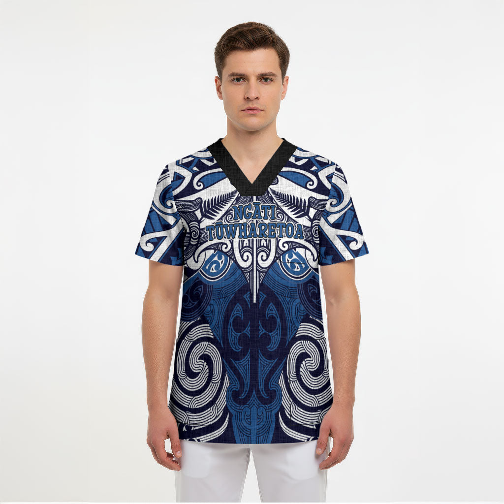 Personalised Maori Ngati Tuwharetoa Scrub Top Silver Fern Kowhaiwhai Art