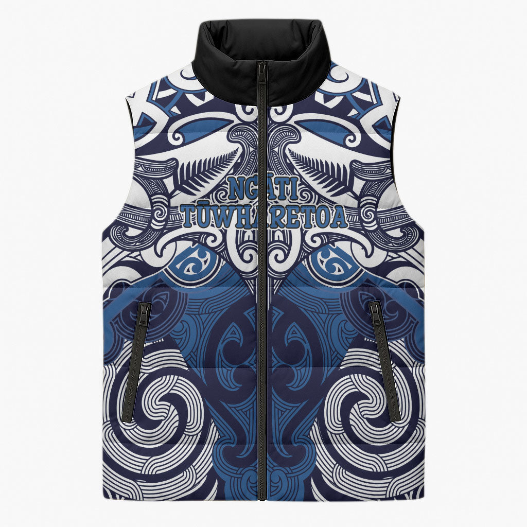 Personalised Maori Ngati Tuwharetoa Sleeveless Puffer Jacket Silver Fern Kowhaiwhai Art