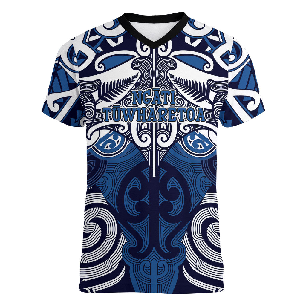 Personalised Maori Ngati Tuwharetoa Women V-Neck T-Shirt Silver Fern Kowhaiwhai Art