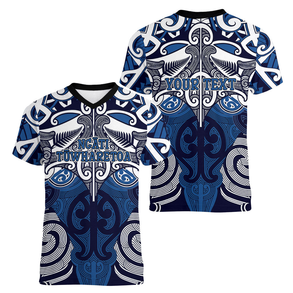 Personalised Maori Ngati Tuwharetoa Women V-Neck T-Shirt Silver Fern Kowhaiwhai Art