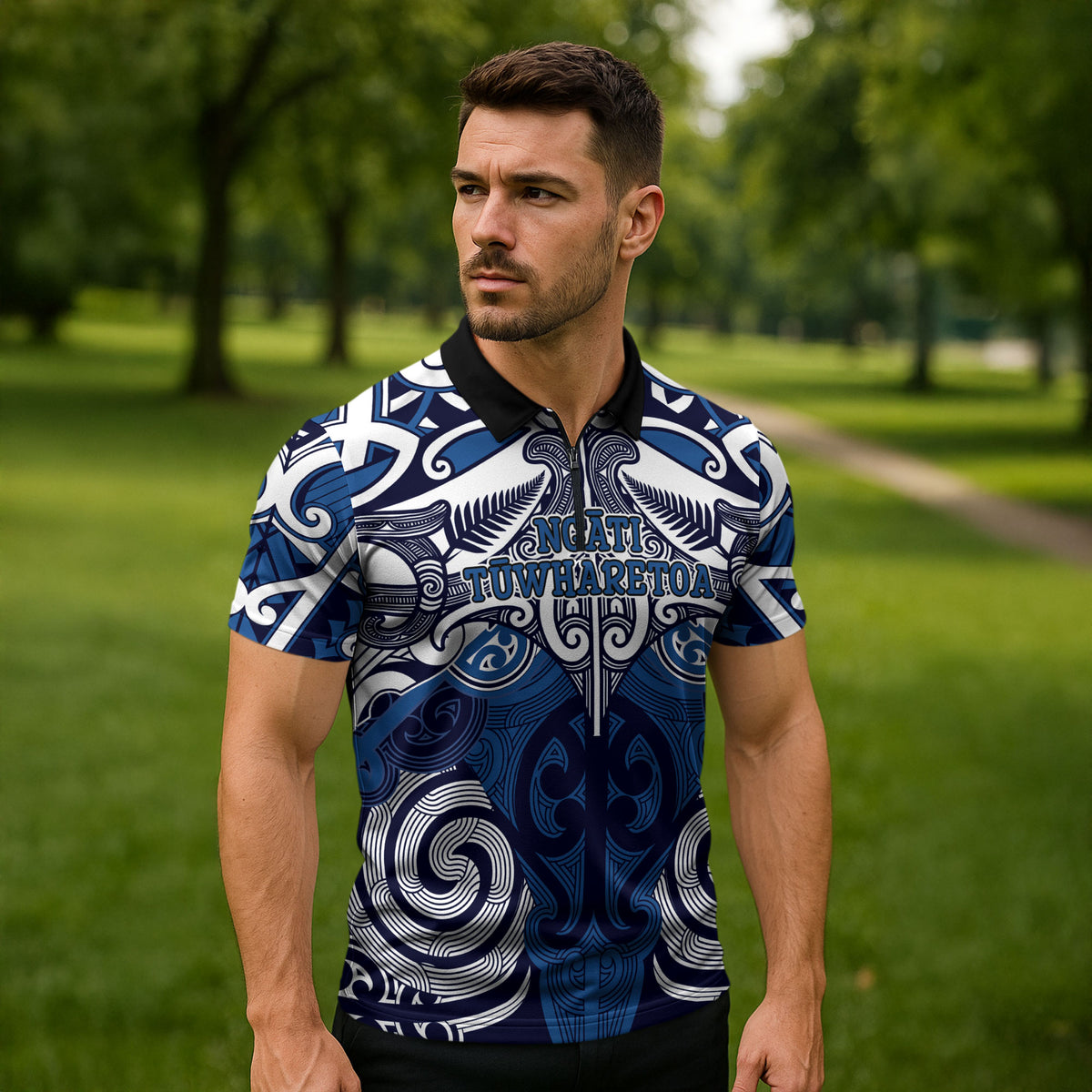 Personalised Maori Ngati Tuwharetoa Zipper Polo Shirt Silver Fern Kowhaiwhai Art