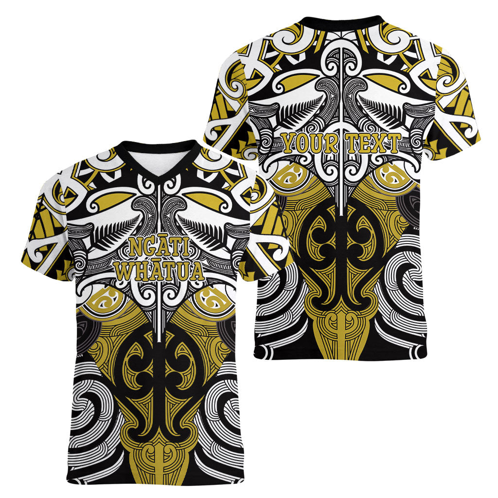 Personalised Maori Ngati Whatua Women V-Neck T-Shirt Silver Fern Kowhaiwhai Art