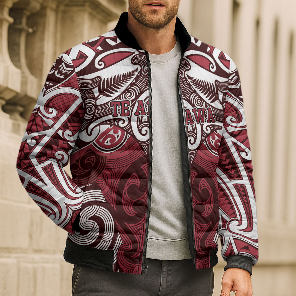 Personalised Maori Te Arawa Bomber Puffer Jacket Silver Fern Kowhaiwhai Art