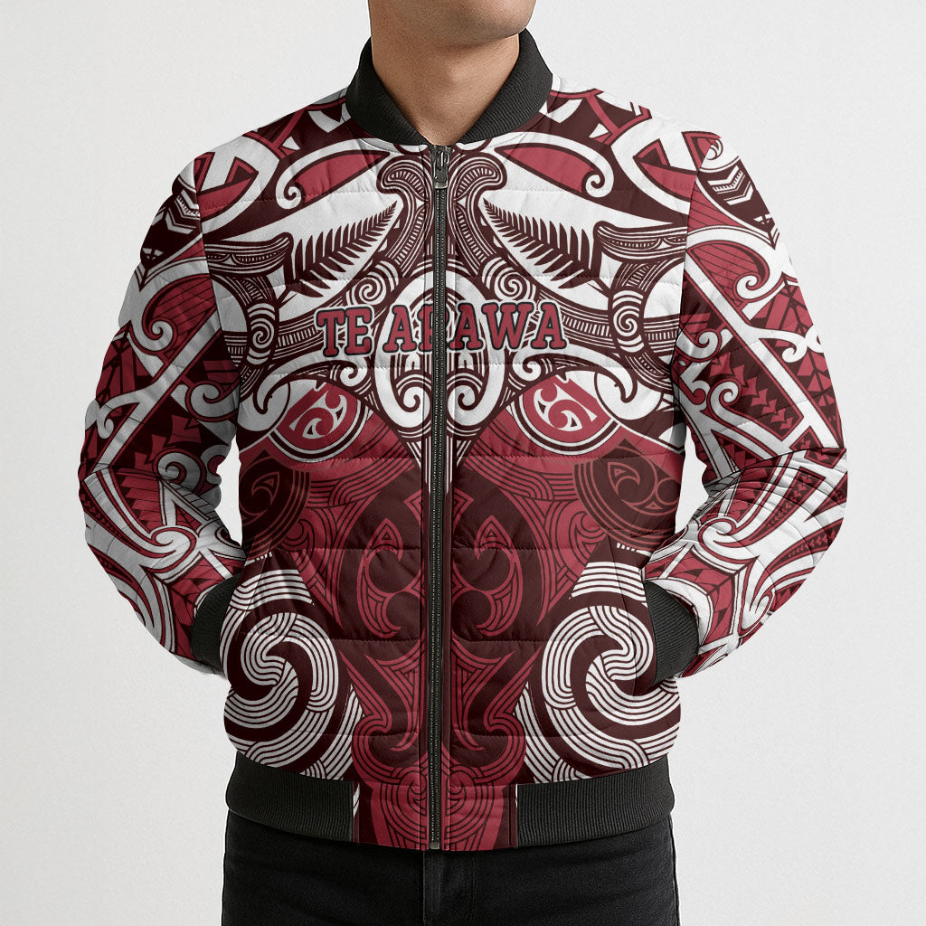 Personalised Maori Te Arawa Bomber Puffer Jacket Silver Fern Kowhaiwhai Art