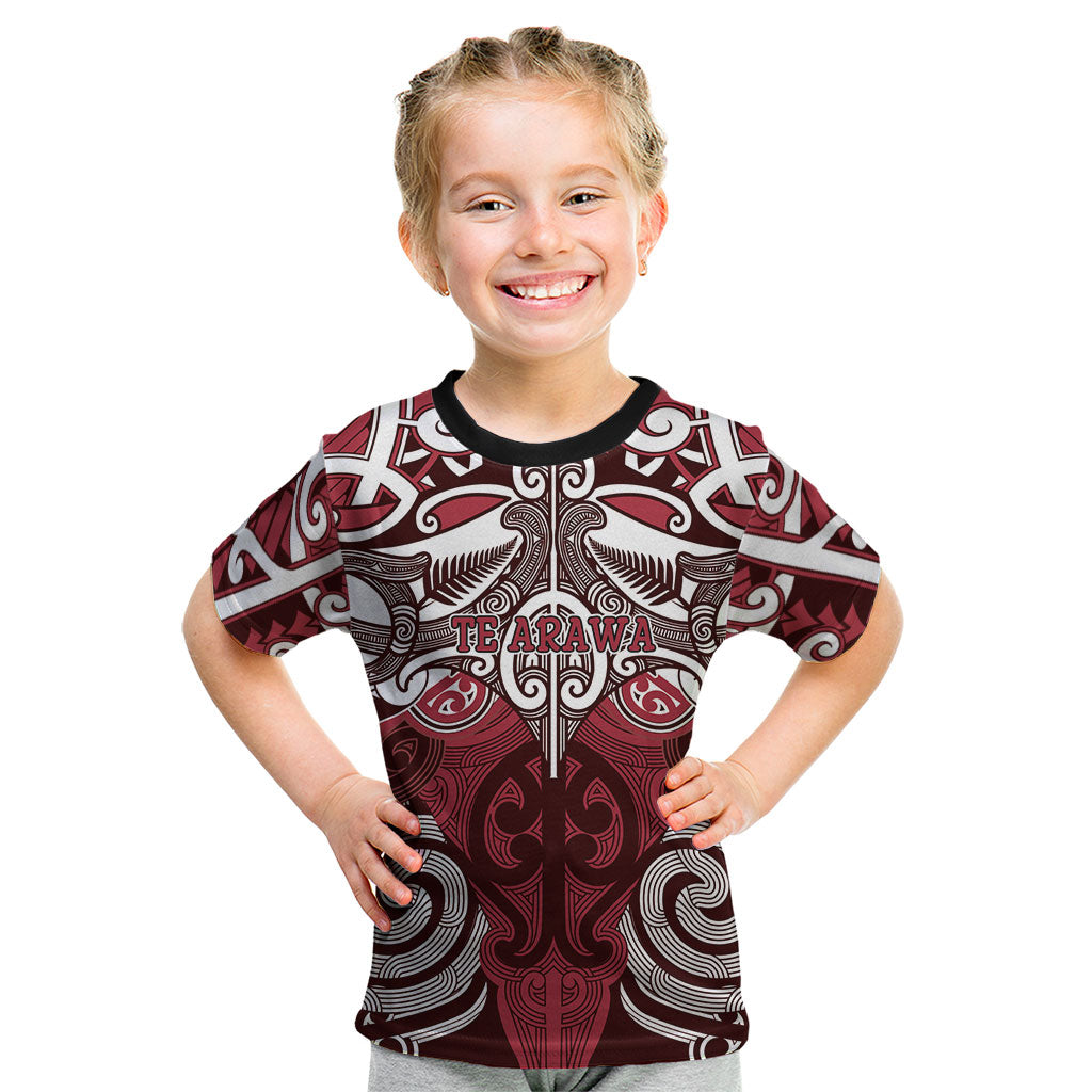 Personalised Maori Te Arawa Kid T Shirt Silver Fern Kowhaiwhai Art