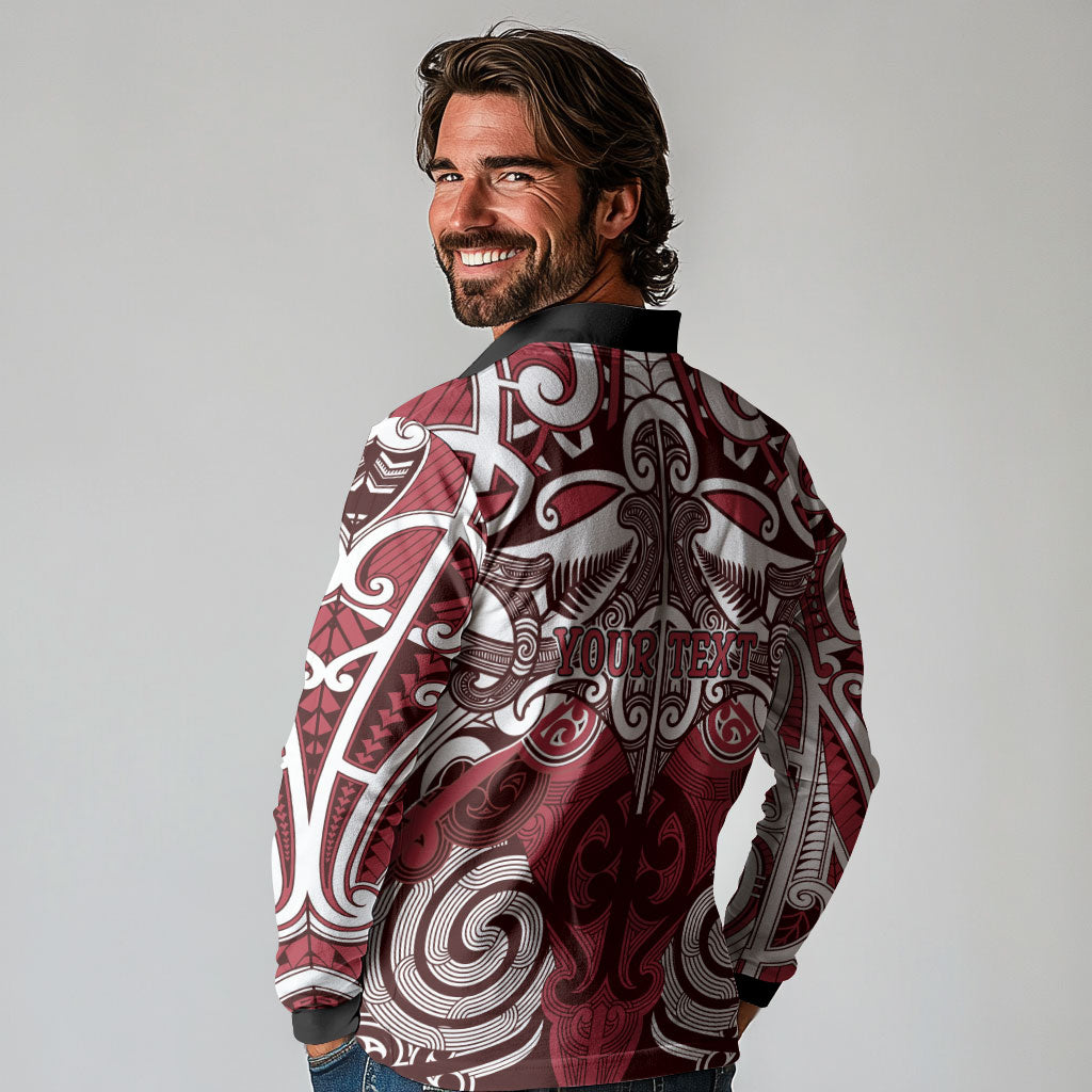 Personalised Maori Te Arawa Long Sleeve Polo Shirt Silver Fern Kowhaiwhai Art