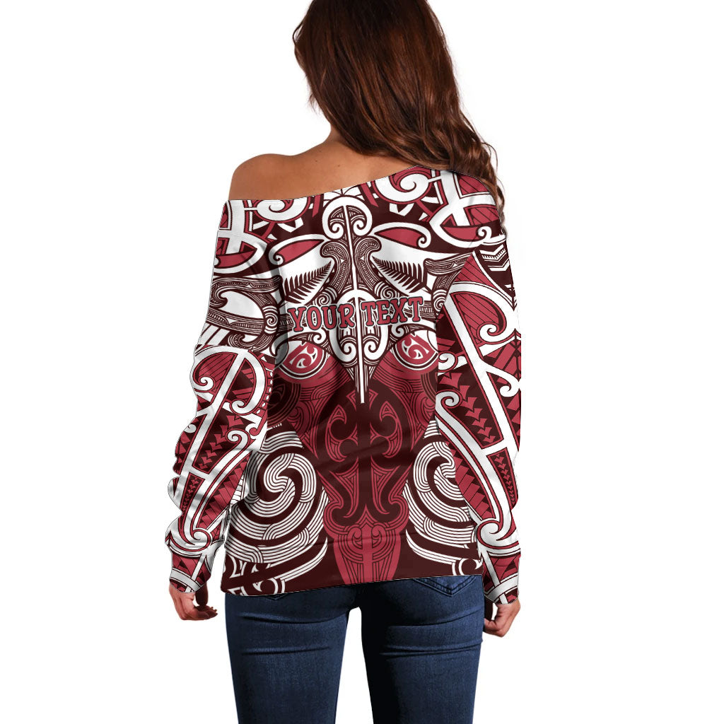 Personalised Maori Te Arawa Off Shoulder Sweater Silver Fern Kowhaiwhai Art