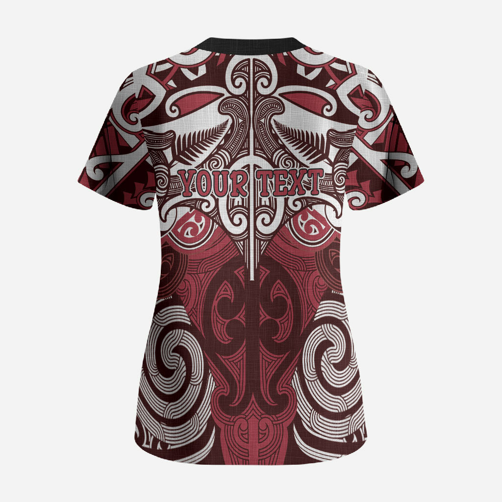 Personalised Maori Te Arawa Scrub Top Silver Fern Kowhaiwhai Art