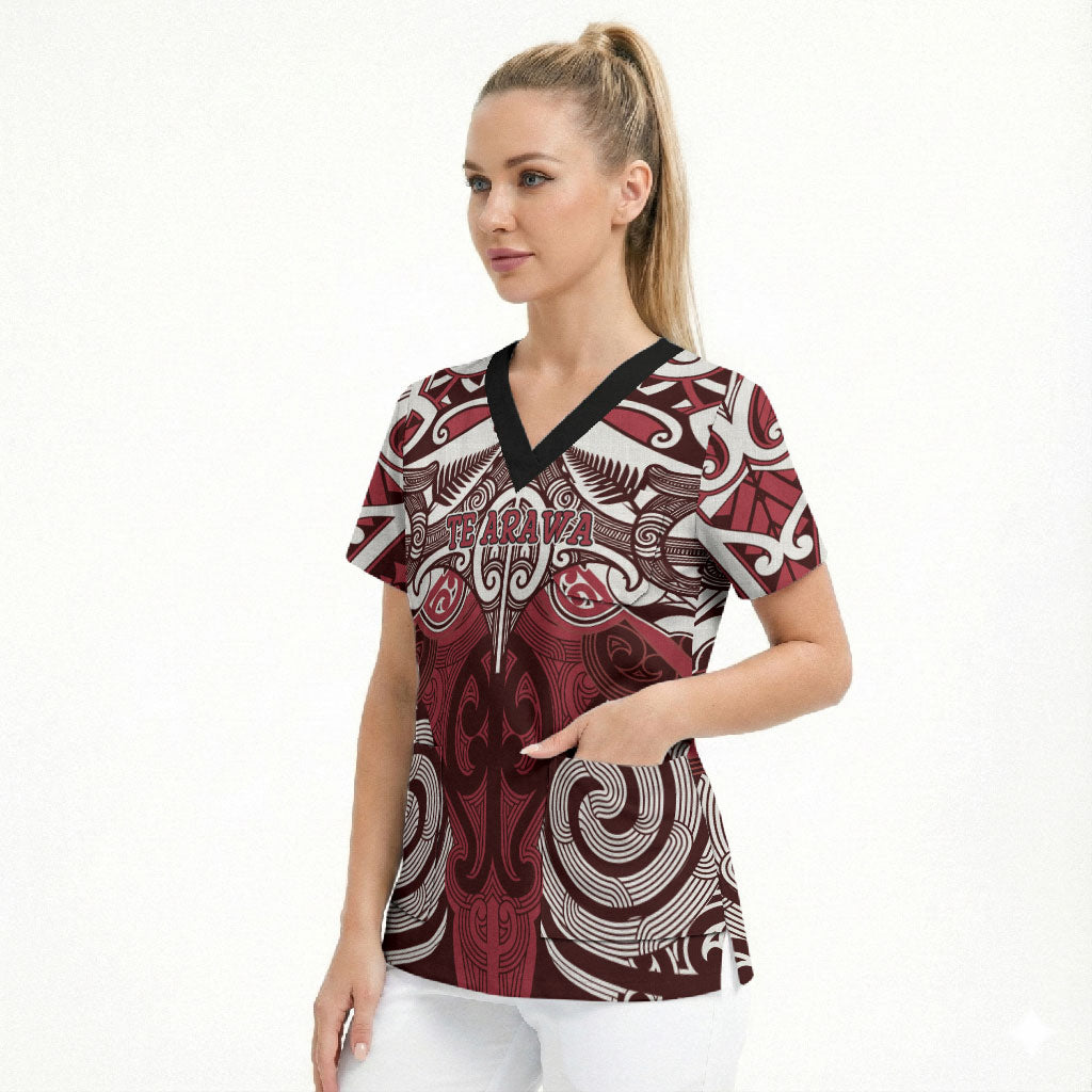 Personalised Maori Te Arawa Scrub Top Silver Fern Kowhaiwhai Art