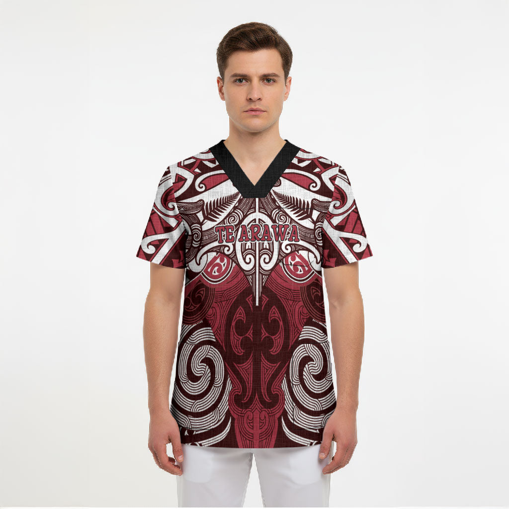 Personalised Maori Te Arawa Scrub Top Silver Fern Kowhaiwhai Art