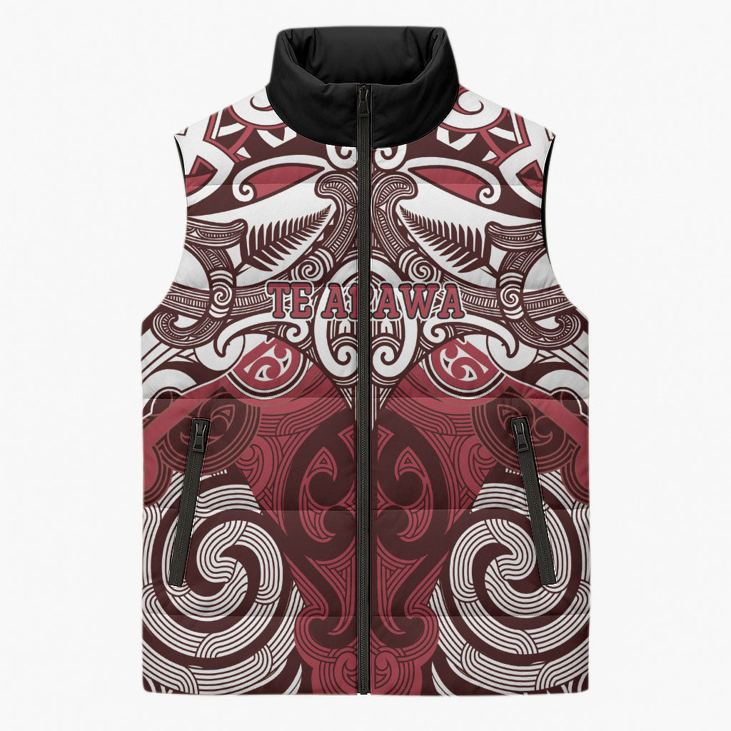 Personalised Maori Te Arawa Sleeveless Puffer Jacket Silver Fern Kowhaiwhai Art