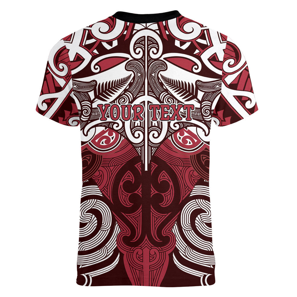 Personalised Maori Te Arawa Women V-Neck T-Shirt Silver Fern Kowhaiwhai Art