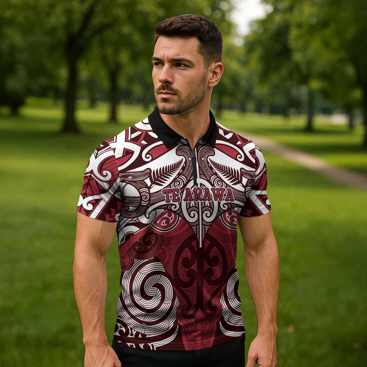 Personalised Maori Te Arawa Zipper Polo Shirt Silver Fern Kowhaiwhai Art